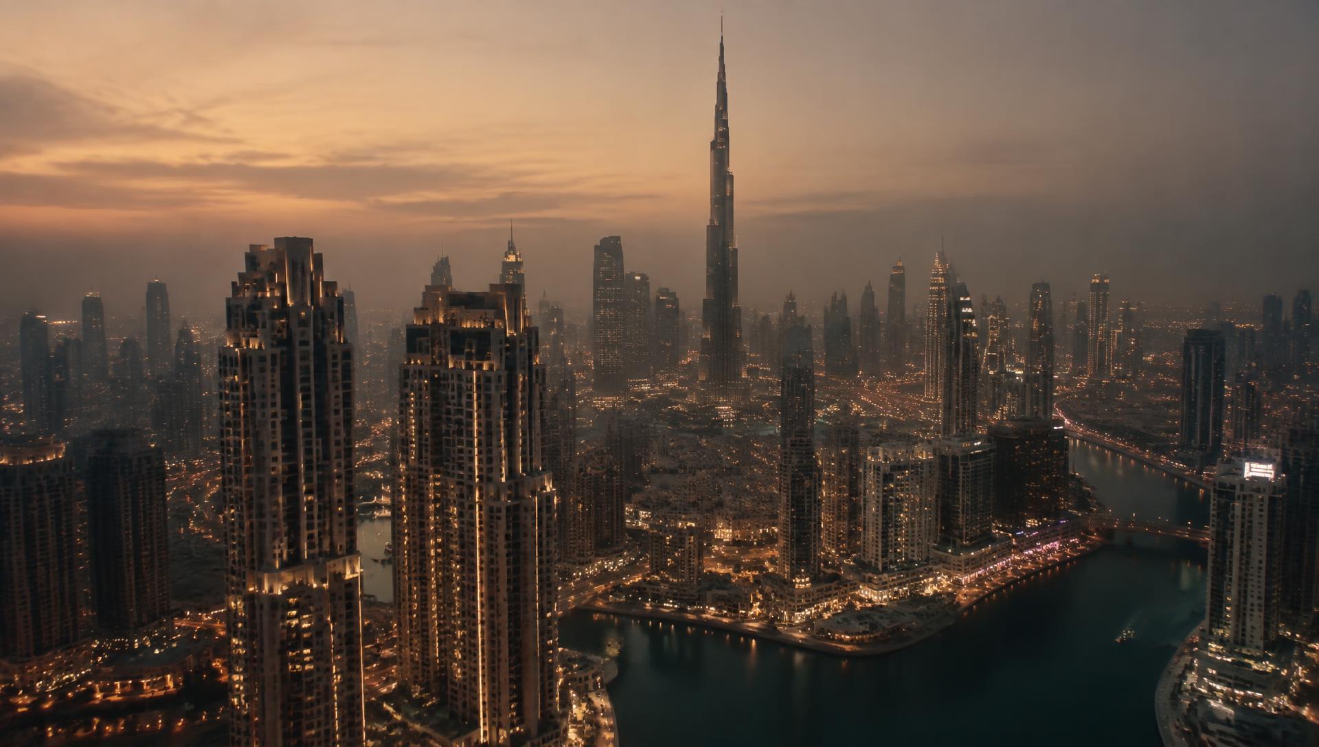 Dubai skyline at dusk with illuminated residential towers seen from above