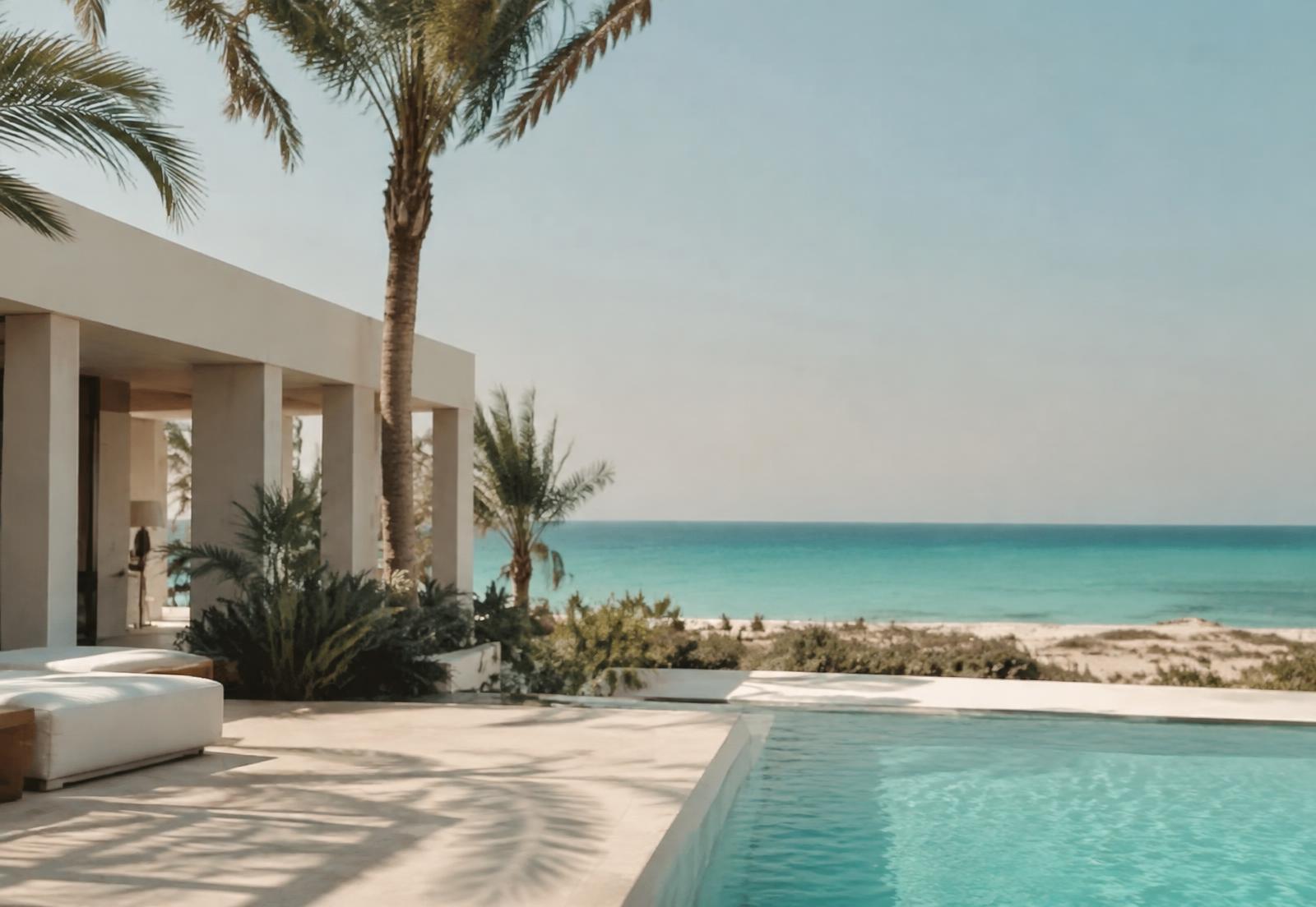 Minimal white beachfront residence with palm trees and turquoise Mediterranean sea on Egypt's North Coast