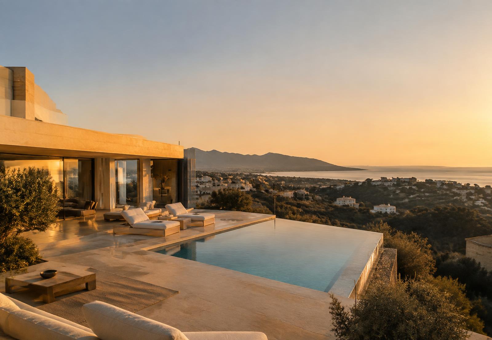 Contemporary hillside villa with infinity pool overlooking the Mediterranean coastline near Marbella at golden hour